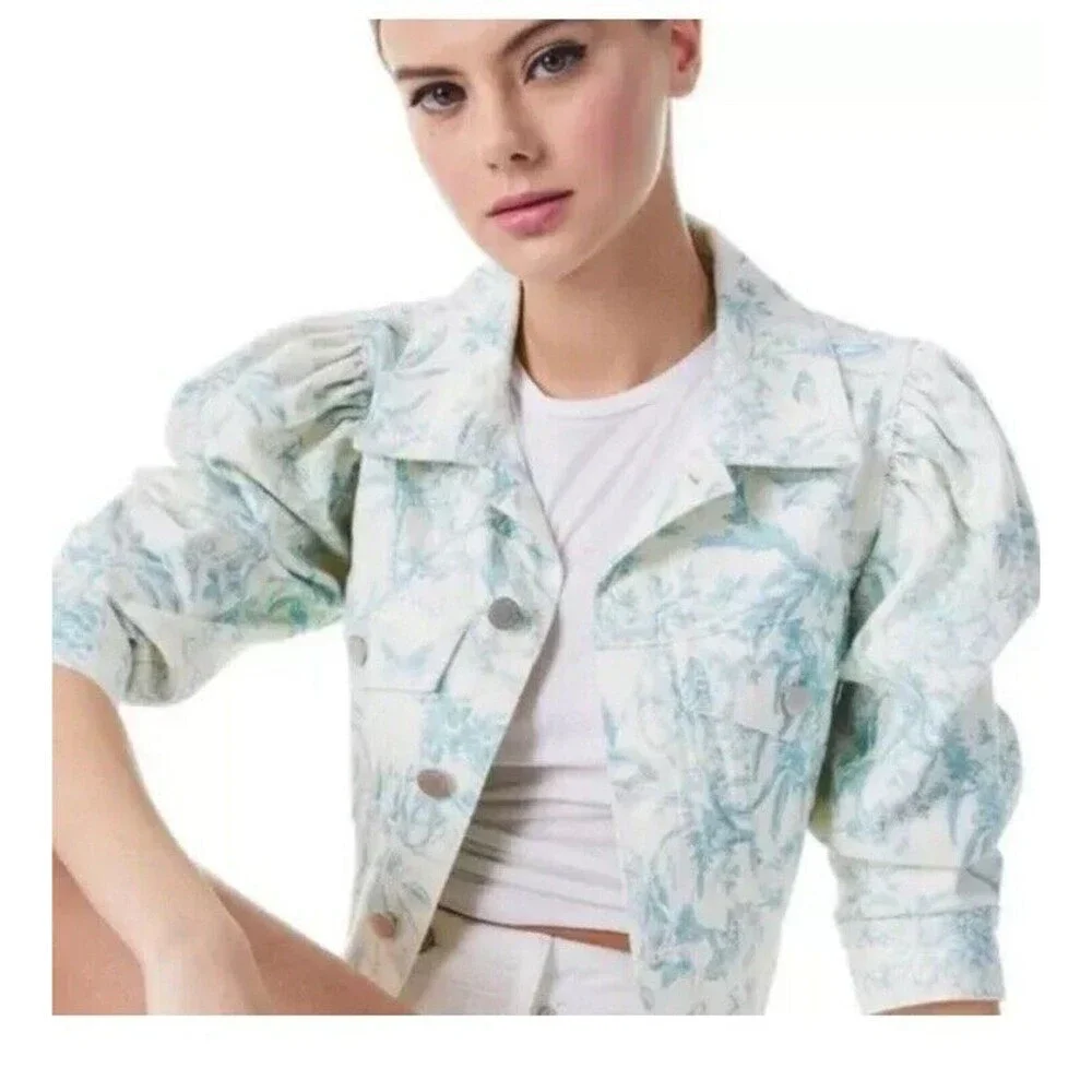 ELIE TAHARI Floral Denim Jacket Cropped Raw Hem White Blue Size M Cotton - Picture 2 of 16